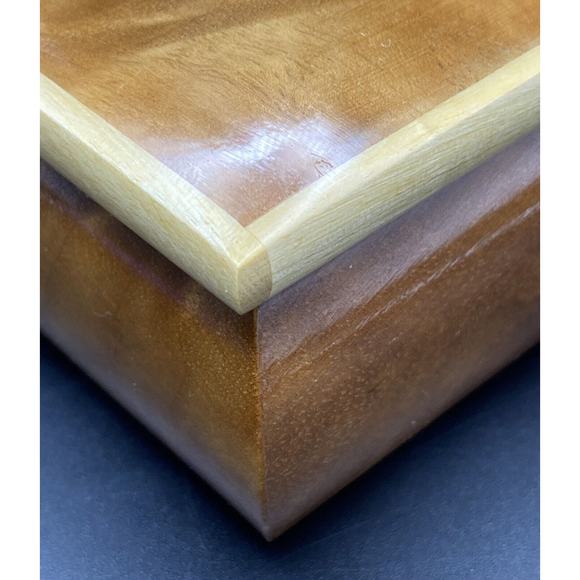 Burl Wood Laquered Trinket Box Floral Pink Yellow Flowers Velvet Hinged Lid - Picture 14 of 16